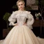 Victorian Style Champagne Wedding Dresses 2019 Ball Gown Off-The-Shoulder Detachable Puffy Long Sleeve Backless Glitter Tulle Appliques Lace Beading Cathedral Train Ruffle