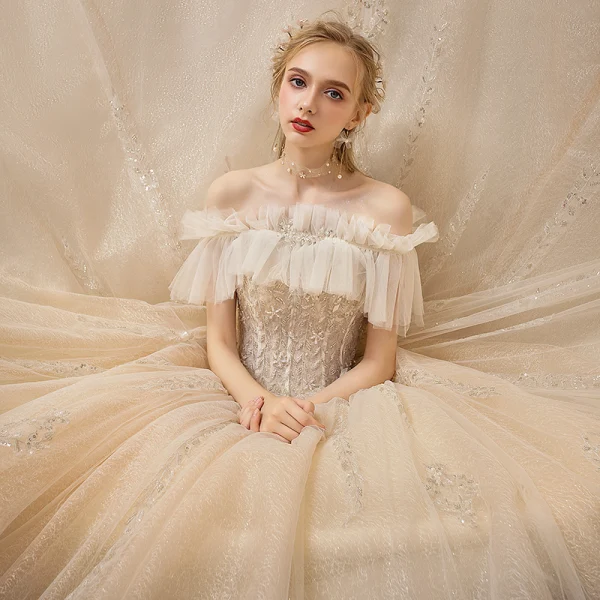 Victorian Style Champagne Wedding Dresses 2019 Ball Gown Off-The-Shoulder Detachable Puffy Long Sleeve Backless Glitter Tulle Appliques Lace Beading Cathedral Train Ruffle