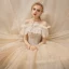 Victorian Style Champagne Wedding Dresses 2019 Ball Gown Off-The-Shoulder Detachable Puffy Long Sleeve Backless Glitter Tulle Appliques Lace Beading Cathedral Train Ruffle