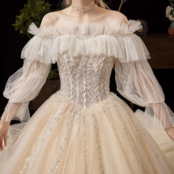 Victorian Style Champagne Wedding Dresses 2019 Ball Gown Off-The-Shoulder Detachable Puffy Long Sleeve Backless Glitter Tulle Appliques Lace Beading Cathedral Train Ruffle
