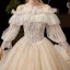 Victorian Style Champagne Wedding Dresses 2019 Ball Gown Off-The-Shoulder Detachable Puffy Long Sleeve Backless Glitter Tulle Appliques Lace Beading Cathedral Train Ruffle