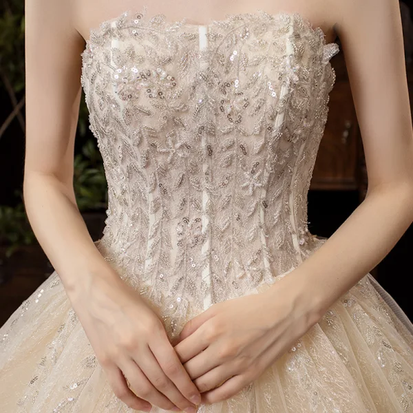 Victorian Style Champagne Wedding Dresses 2019 Ball Gown Off-The-Shoulder Detachable Puffy Long Sleeve Backless Glitter Tulle Appliques Lace Beading Cathedral Train Ruffle