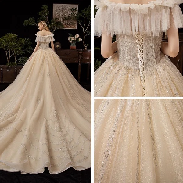 Victorian Style Champagne Wedding Dresses 2019 Ball Gown Off-The-Shoulder Detachable Puffy Long Sleeve Backless Glitter Tulle Appliques Lace Beading Cathedral Train Ruffle
