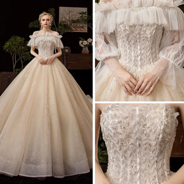 Victorian Style Champagne Wedding Dresses 2019 Ball Gown Off-The-Shoulder Detachable Puffy Long Sleeve Backless Glitter Tulle Appliques Lace Beading Cathedral Train Ruffle