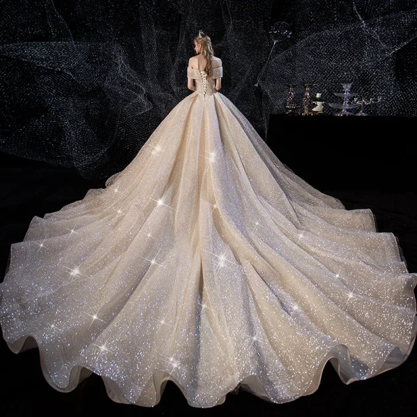 Sparkly Champagne Wedding Dresses 2019 Ball Gown Off-The-Shoulder Short Sleeve Backless Glitter Tulle Beading Cathedral Train Ruffle