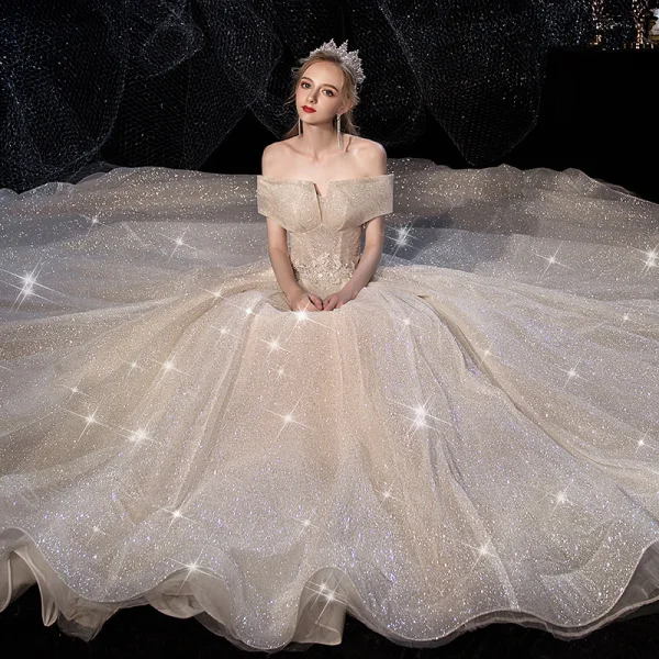 Sparkly Champagne Wedding Dresses 2019 Ball Gown Off-The-Shoulder Short Sleeve Backless Glitter Tulle Beading Cathedral Train Ruffle