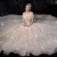 Sparkly Champagne Wedding Dresses 2019 Ball Gown Off-The-Shoulder Short Sleeve Backless Glitter Tulle Beading Cathedral Train Ruffle