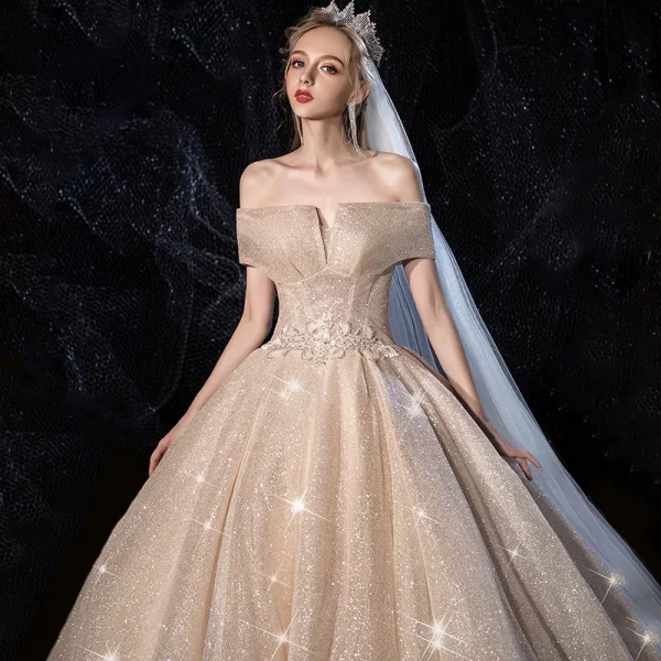 Sparkly Champagne Wedding Dresses 2019 Ball Gown Off-The-Shoulder Short Sleeve Backless Glitter Tulle Beading Cathedral Train Ruffle