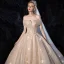 Sparkly Champagne Wedding Dresses 2019 Ball Gown Off-The-Shoulder Short Sleeve Backless Glitter Tulle Beading Cathedral Train Ruffle