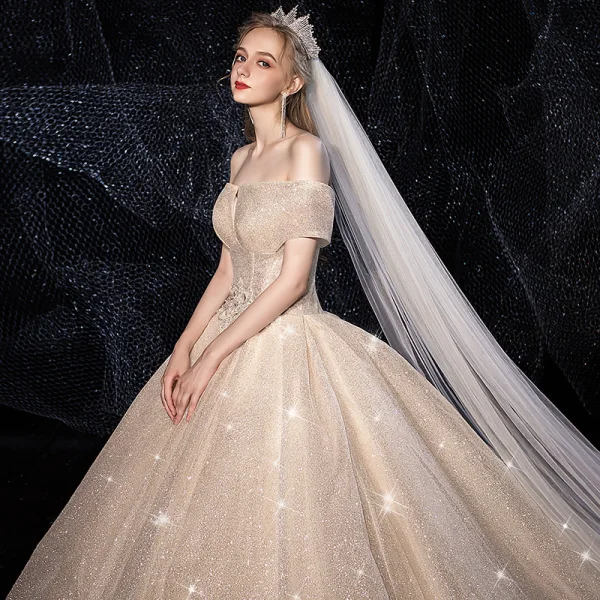 Sparkly Champagne Wedding Dresses 2019 Ball Gown Off-The-Shoulder Short Sleeve Backless Glitter Tulle Beading Cathedral Train Ruffle