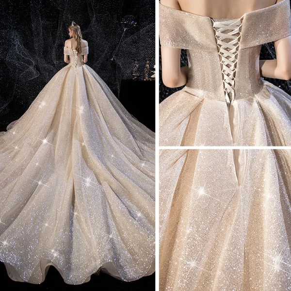 Sparkly Champagne Wedding Dresses 2019 Ball Gown Off-The-Shoulder Short Sleeve Backless Glitter Tulle Beading Cathedral Train Ruffle