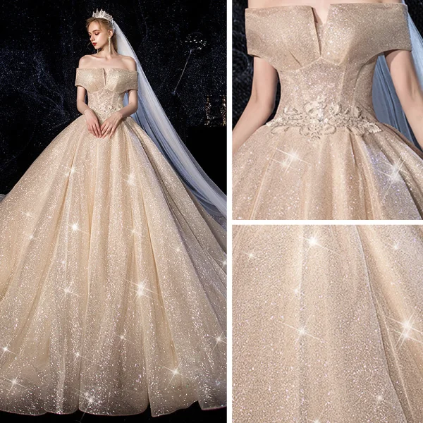 Sparkly Champagne Wedding Dresses 2019 Ball Gown Off-The-Shoulder Short Sleeve Backless Glitter Tulle Beading Cathedral Train Ruffle