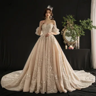 Luxe Champagne Robe De Mariée 2019 Princesse De L 039 Épaule Manches De Cloche Dos Nu Appliques En Dentelle Paillettes Perlage Gland Cathedral Train Volants