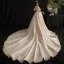 Luxury / Gorgeous Champagne Wedding Dresses 2019 A-Line / Princess Off-The-Shoulder Bell sleeves Backless Appliques Lace Sequins Beading Tassel Cathedral Train Ruffle