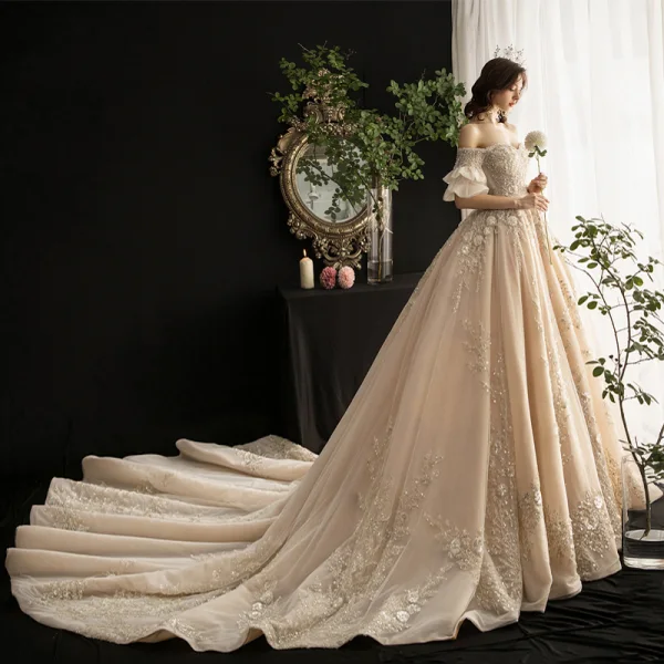 Luxury / Gorgeous Champagne Wedding Dresses 2019 A-Line / Princess Off-The-Shoulder Bell sleeves Backless Appliques Lace Sequins Beading Tassel Cathedral Train Ruffle