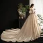 Luxury / Gorgeous Champagne Wedding Dresses 2019 A-Line / Princess Off-The-Shoulder Bell sleeves Backless Appliques Lace Sequins Beading Tassel Cathedral Train Ruffle