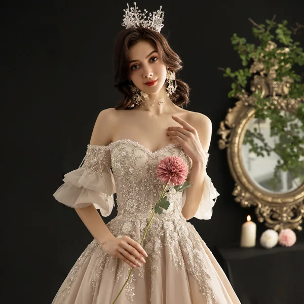 Luxury / Gorgeous Champagne Wedding Dresses 2019 A-Line / Princess Off-The-Shoulder Bell sleeves Backless Appliques Lace Sequins Beading Tassel Cathedral Train Ruffle
