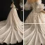 Luxury / Gorgeous Champagne Wedding Dresses 2019 A-Line / Princess Off-The-Shoulder Bell sleeves Backless Appliques Lace Sequins Beading Tassel Cathedral Train Ruffle