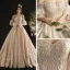 Luxury / Gorgeous Champagne Wedding Dresses 2019 A-Line / Princess Off-The-Shoulder Bell sleeves Backless Appliques Lace Sequins Beading Tassel Cathedral Train Ruffle