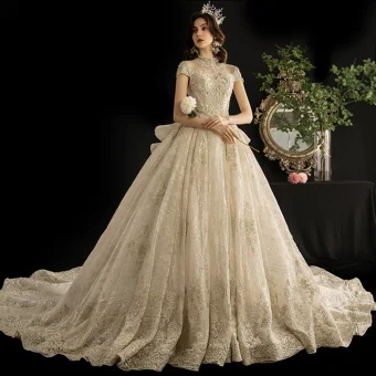 Luxe Vintage Originale Champagne Transparentes Robe De Mariée 2019 Robe Boule Col Haut Manches Courtes Glitter Tulle Appliques En Dentelle Perlage Cathedral Train