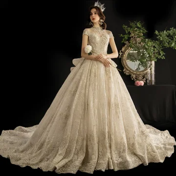 Luxury Gorgeous Vintage Retro Champagne See Through Wedding Dresses 2019 Ball Gown High Neck Short Sleeve Glitter Tulle Appliques Lace Beading Cathedral Train