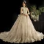 Luxury / Gorgeous Vintage / Retro Champagne See-through Wedding Dresses 2019 Ball Gown High Neck Short Sleeve Glitter Tulle Appliques Lace Beading Cathedral Train