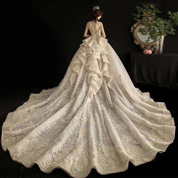 Luxury / Gorgeous Vintage / Retro Champagne See-through Wedding Dresses 2019 Ball Gown High Neck Short Sleeve Glitter Tulle Appliques Lace Beading Cathedral Train