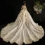 Luxury / Gorgeous Vintage / Retro Champagne See-through Wedding Dresses 2019 Ball Gown High Neck Short Sleeve Glitter Tulle Appliques Lace Beading Cathedral Train