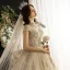 Luxury / Gorgeous Vintage / Retro Champagne See-through Wedding Dresses 2019 Ball Gown High Neck Short Sleeve Glitter Tulle Appliques Lace Beading Cathedral Train
