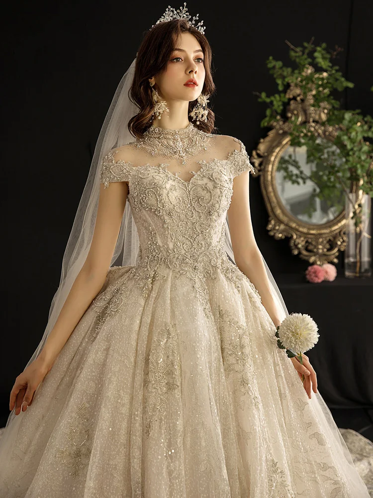 Luxury Gorgeous Vintage Retro Champagne See-through Wedding Dresses 2019 Ball Gown High