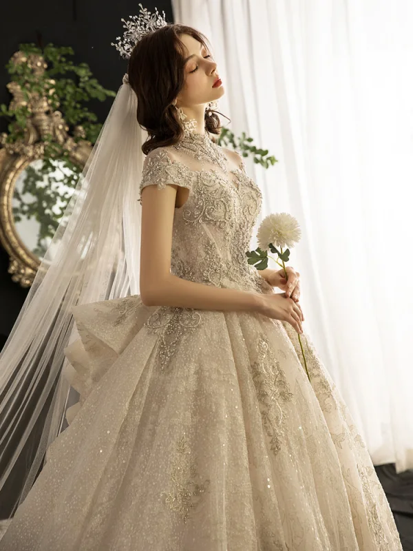 Luxury / Gorgeous Vintage / Retro Champagne See-through Wedding Dresses 2019 Ball Gown High Neck Short Sleeve Glitter Tulle Appliques Lace Beading Cathedral Train