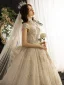 Luxury / Gorgeous Vintage / Retro Champagne See-through Wedding Dresses 2019 Ball Gown High Neck Short Sleeve Glitter Tulle Appliques Lace Beading Cathedral Train