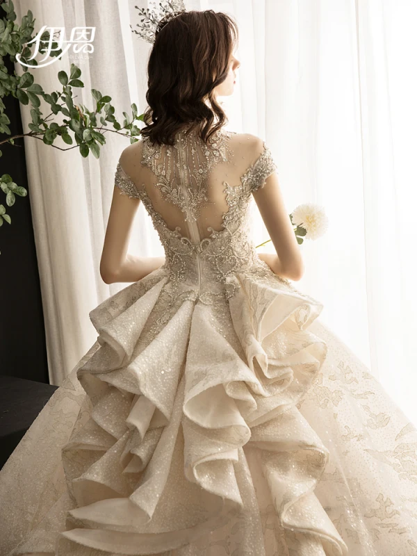 Luxury / Gorgeous Vintage / Retro Champagne See-through Wedding Dresses 2019 Ball Gown High Neck Short Sleeve Glitter Tulle Appliques Lace Beading Cathedral Train