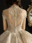 Luxury / Gorgeous Vintage / Retro Champagne See-through Wedding Dresses 2019 Ball Gown High Neck Short Sleeve Glitter Tulle Appliques Lace Beading Cathedral Train