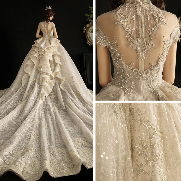 Luxury / Gorgeous Vintage / Retro Champagne See-through Wedding Dresses 2019 Ball Gown High Neck Short Sleeve Glitter Tulle Appliques Lace Beading Cathedral Train