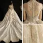 Luxury / Gorgeous Vintage / Retro Champagne See-through Wedding Dresses 2019 Ball Gown High Neck Short Sleeve Glitter Tulle Appliques Lace Beading Cathedral Train