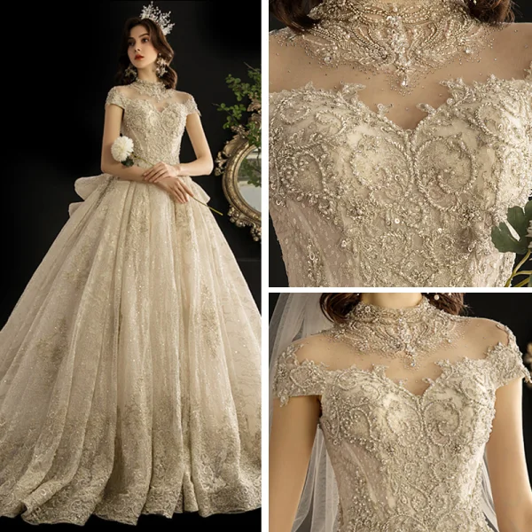 Luxury / Gorgeous Vintage / Retro Champagne See-through Wedding Dresses 2019 Ball Gown High Neck Short Sleeve Glitter Tulle Appliques Lace Beading Cathedral Train