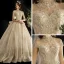 Luxury / Gorgeous Vintage / Retro Champagne See-through Wedding Dresses 2019 Ball Gown High Neck Short Sleeve Glitter Tulle Appliques Lace Beading Cathedral Train