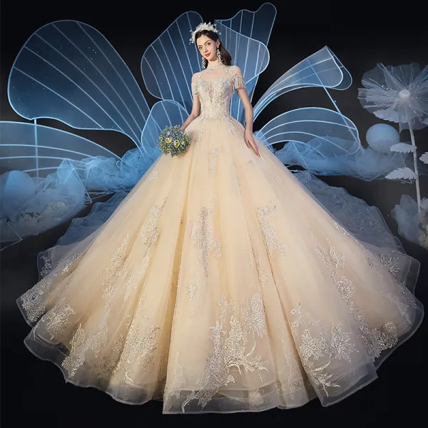 Vintage / Retro Champagne See-through Wedding Dresses 2019 Ball Gown High Neck Short Sleeve Beading Tassel Appliques Lace Glitter Tulle Cathedral Train Ruffle