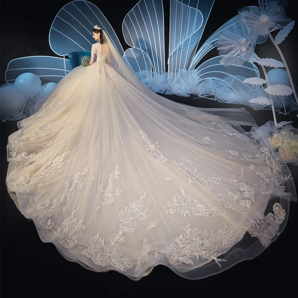 Vintage / Retro Champagne See-through Wedding Dresses 2019 Ball Gown High Neck Short Sleeve Beading Tassel Appliques Lace Glitter Tulle Cathedral Train Ruffle