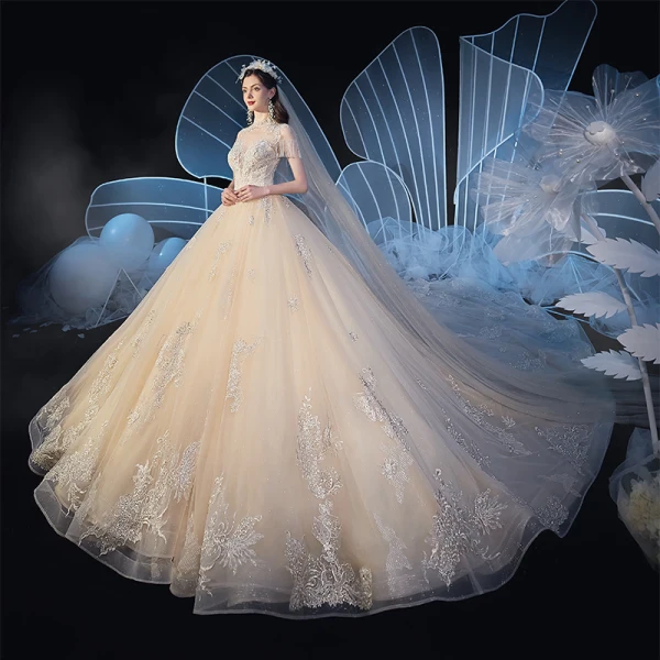 Vintage / Retro Champagne See-through Wedding Dresses 2019 Ball Gown High Neck Short Sleeve Beading Tassel Appliques Lace Glitter Tulle Cathedral Train Ruffle