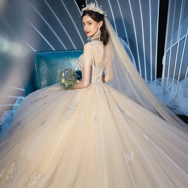 Vintage / Retro Champagne See-through Wedding Dresses 2019 Ball Gown High Neck Short Sleeve Beading Tassel Appliques Lace Glitter Tulle Cathedral Train Ruffle