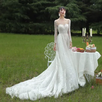 Charming Champagne Wedding Dresses 2019 A Line Princess Scoop Neck Long Sleeve Backless Sequins Beading Court Train Ruffle