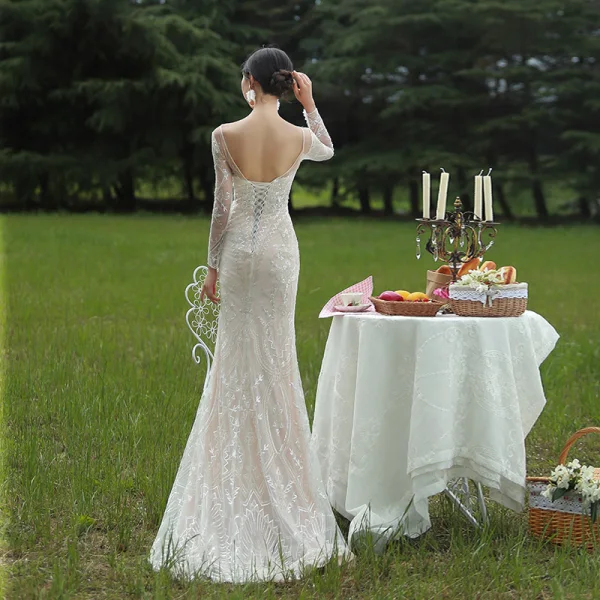 Charming Champagne Wedding Dresses 2019 A-Line / Princess Scoop Neck Long Sleeve Backless Sequins Beading Court Train Ruffle