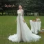 Charming Champagne Wedding Dresses 2019 A-Line / Princess Scoop Neck Long Sleeve Backless Sequins Beading Court Train Ruffle