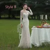 Charming Champagne Wedding Dresses 2019 A-Line / Princess Scoop Neck Long Sleeve Backless Sequins Beading Court Train Ruffle