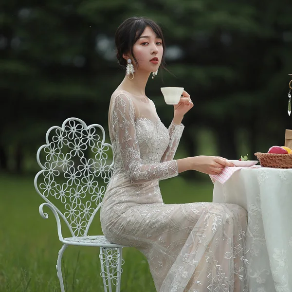 Charming Champagne Wedding Dresses 2019 A-Line / Princess Scoop Neck Long Sleeve Backless Sequins Beading Court Train Ruffle