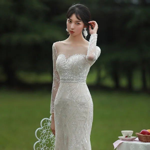 Charming Champagne Wedding Dresses 2019 A-Line / Princess Scoop Neck Long Sleeve Backless Sequins Beading Court Train Ruffle