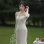 Charming Champagne Wedding Dresses 2019 A-Line / Princess Scoop Neck Long Sleeve Backless Sequins Beading Court Train Ruffle