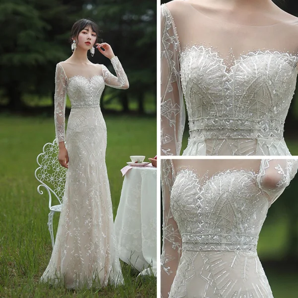 Charming Champagne Wedding Dresses 2019 A-Line / Princess Scoop Neck Long Sleeve Backless Sequins Beading Court Train Ruffle